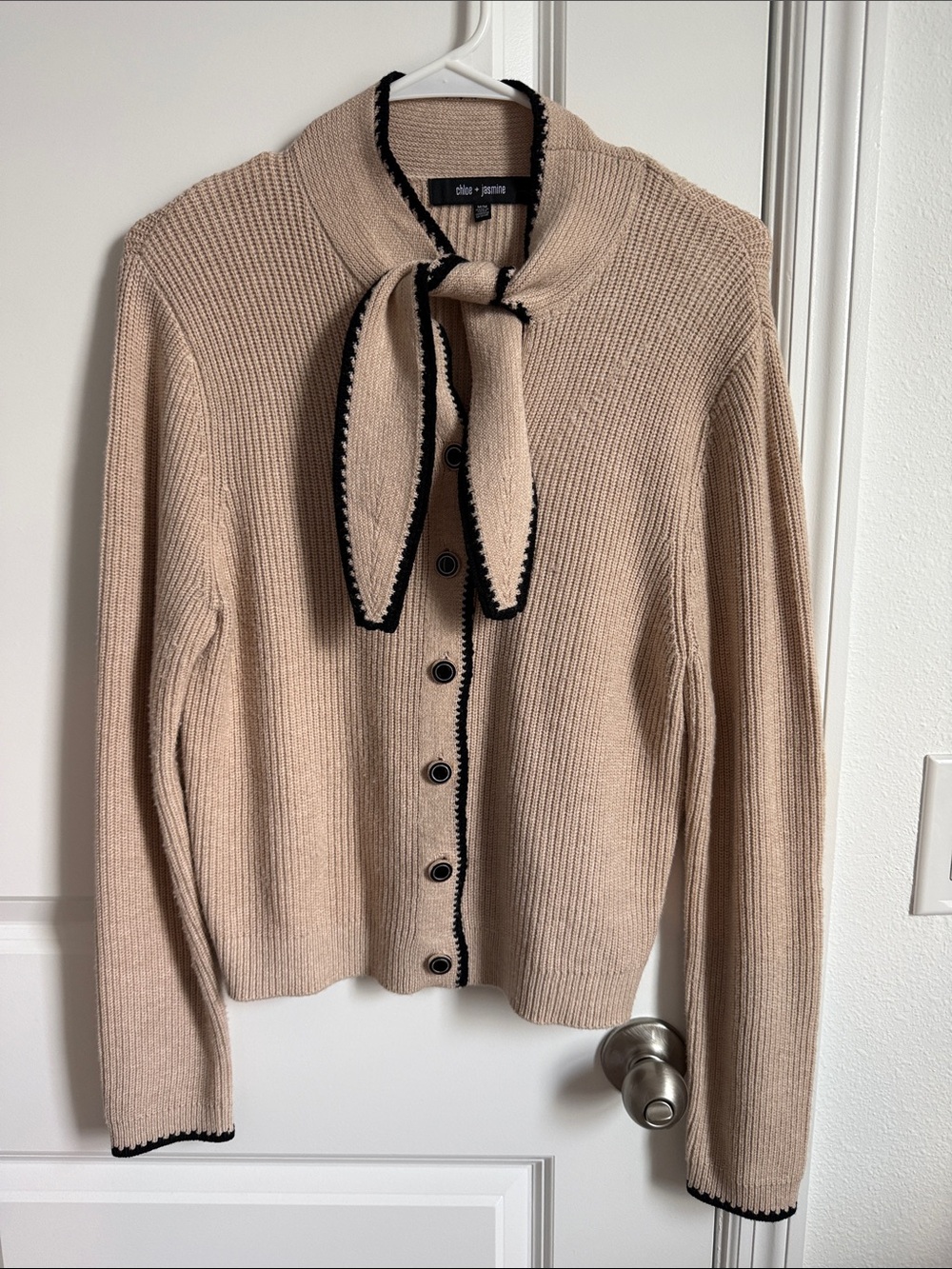 Eileen Fisher Beige Ribbed Tie-Neck Cardigan with Black Trim